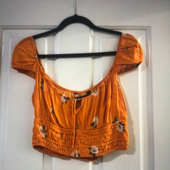 Tops - Floral Puff Sleeve Crop Top - Orange